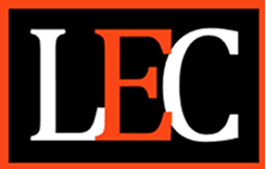 Bold letters "LEC" in white and red on a black background, outlined with an orange border.